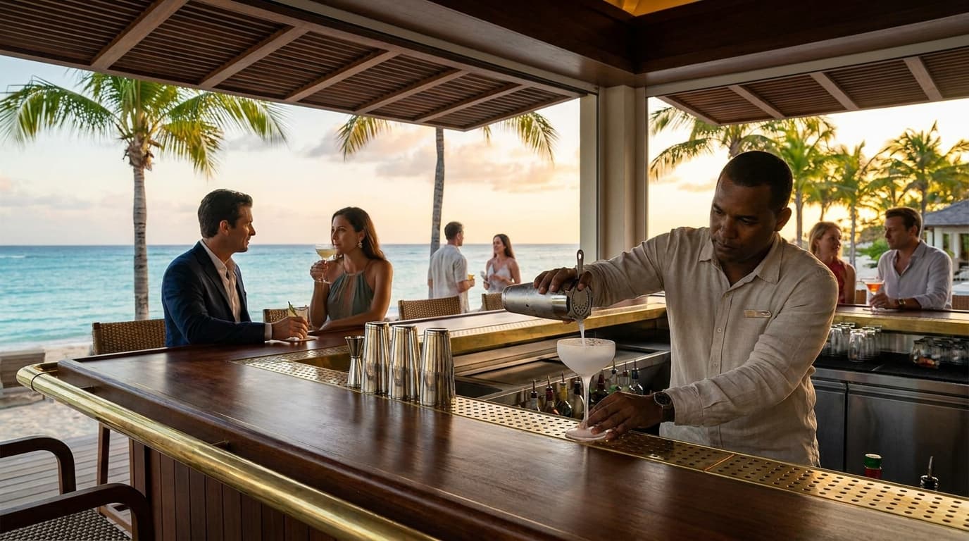 Bartender making a cocktail at the beach bar