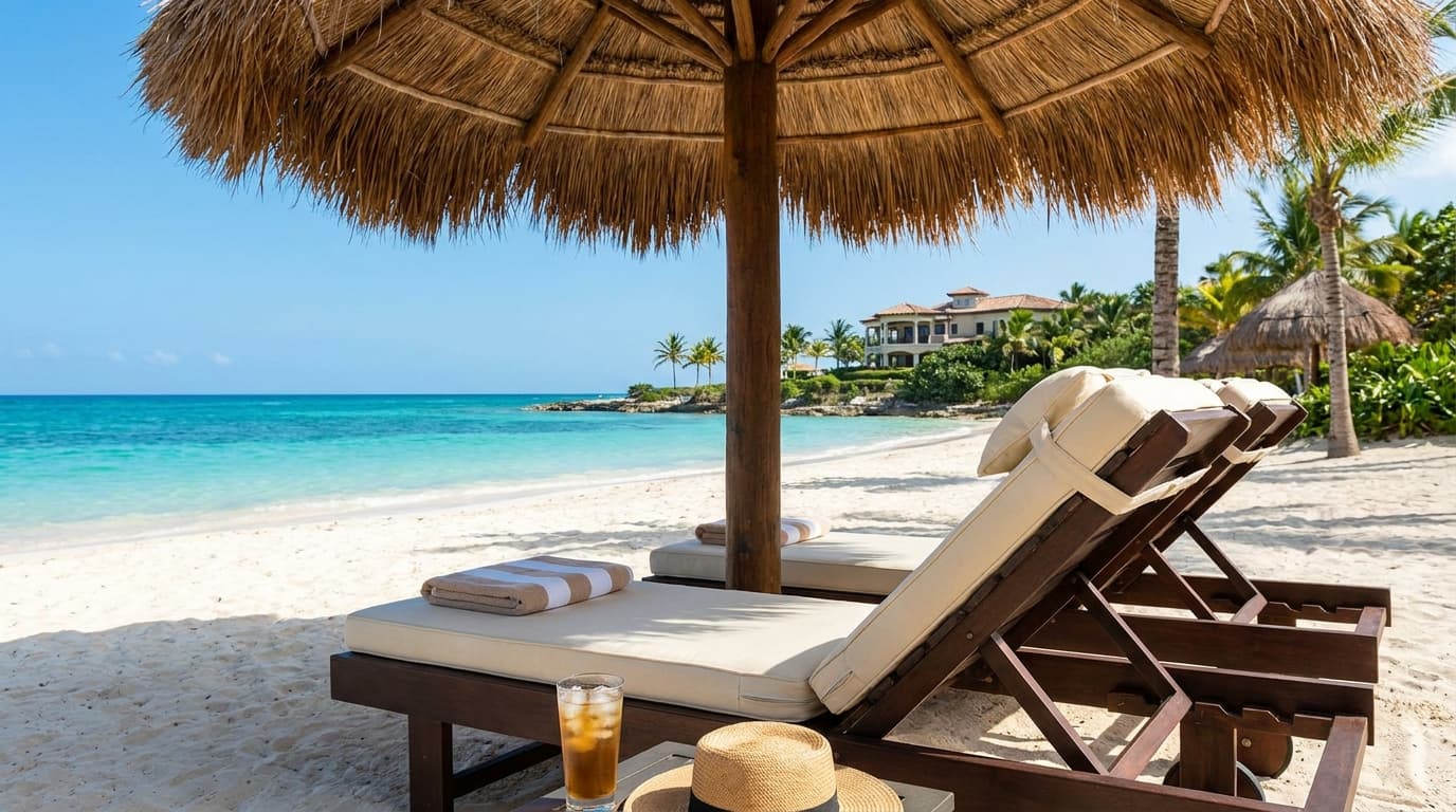 Loungers under a thatched umbrella on the beach