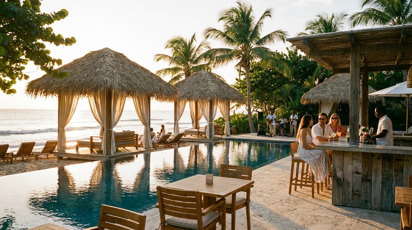 Beach club with thatched cabanas beside the pool