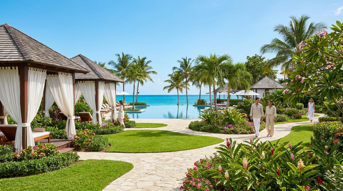 Palm-lined path through the gardens to the pool