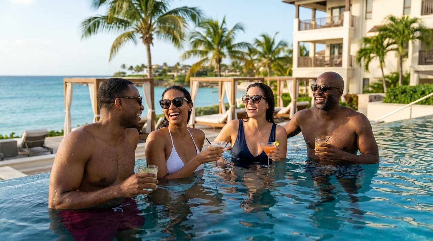 Guests relaxing together in the pool